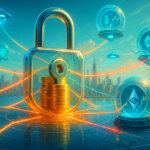 a giant glass padlock of collateral at center with neon data arcs connecting isolated bubble-like perp markets guarded by validator shields over a sunlit skyline.