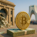 A bright, hyperrealistic 16:9 scene shows a gleaming Bitcoin standing upright on a stack of Iranian rial notes in crisp daylight, while a dilapidated Tehran bank facade spews crumpled banknotes and the Azadi Tower rises softly in the background, conveying stability versus systemic strain.