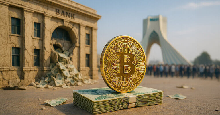 A bright, hyperrealistic 16:9 scene shows a gleaming Bitcoin standing upright on a stack of Iranian rial notes in crisp daylight, while a dilapidated Tehran bank facade spews crumpled banknotes and the Azadi Tower rises softly in the background, conveying stability versus systemic strain.