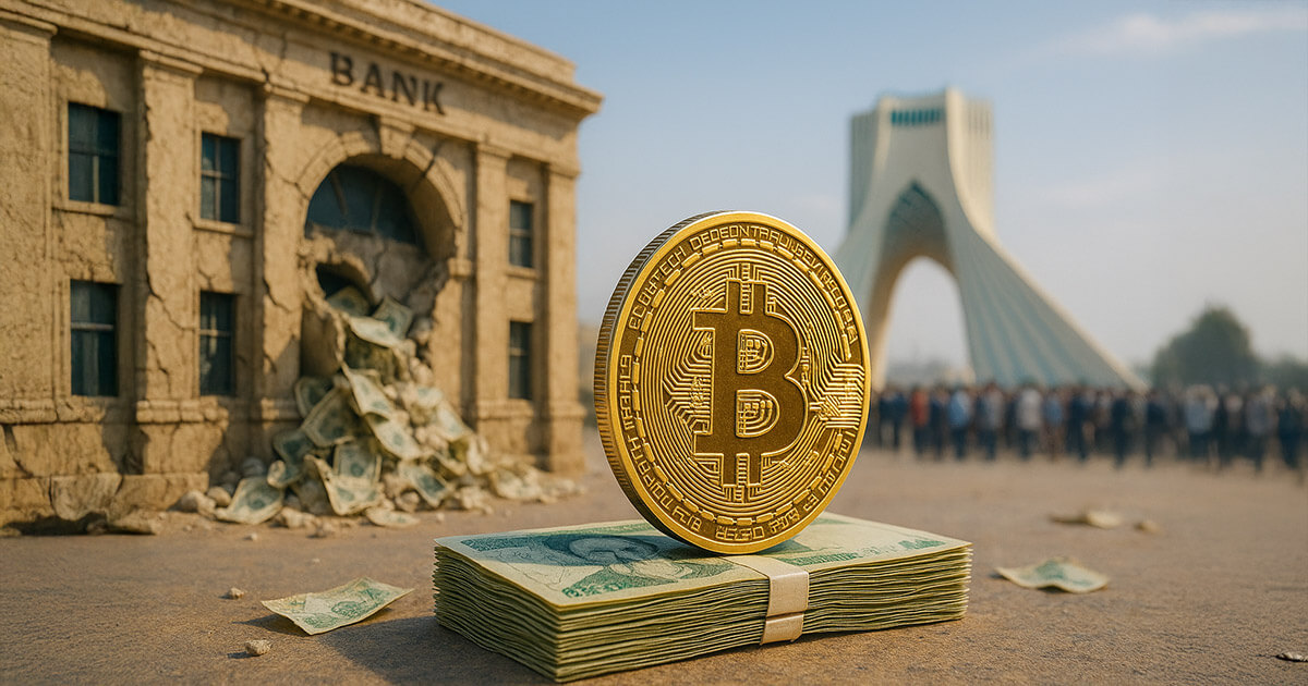 A bright, hyperrealistic 16:9 scene shows a gleaming Bitcoin standing upright on a stack of Iranian rial notes in crisp daylight, while a dilapidated Tehran bank facade spews crumpled banknotes and the Azadi Tower rises softly in the background, conveying stability versus systemic strain.