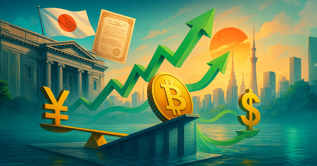 Tokyo skyline with a Bank of Japan facade as the previously red yield path is now a bold green arrow surging past a gold Bitcoin above a yen–dollar seesaw.