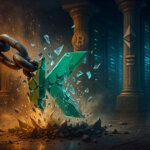 server-hall scene shows a heavy chain smashing through a crystalline Kadena “K” in its official teal as shards explode outward, while stone pillars etched with Bitcoin, Ethereum, and Solana logos stand steady in dramatic gold-and-teal light.