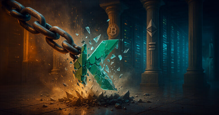server-hall scene shows a heavy chain smashing through a crystalline Kadena “K” in its official teal as shards explode outward, while stone pillars etched with Bitcoin, Ethereum, and Solana logos stand steady in dramatic gold-and-teal light.