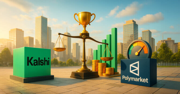 Daylight, photorealistic plaza scene shows matte Kalshi and Polymarket logos on opposing pedestals beside a tilted balance scale, rising green bars, and a valuation gauge to suggest Kalshi’s $5B milestone turning up competitive pressure.