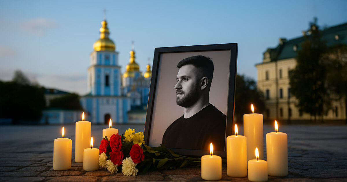 A bright candlelit memorial on Kyiv’s cobblestones features a framed black-and-white portrait of Konstantin Galich surrounded by glowing candles and red-yellow flowers, with the sunlit blue-and-gold domes of St. Michael’s softly out of focus behind.