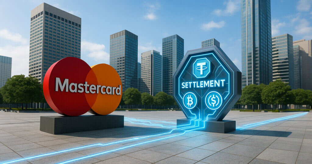 A bright, hyper-realistic daytime scene in a modern financial plaza shows the Mastercard logo linked to a glowing blue Zerohash settlement hub surrounded by skyscrapers under a clear sky.