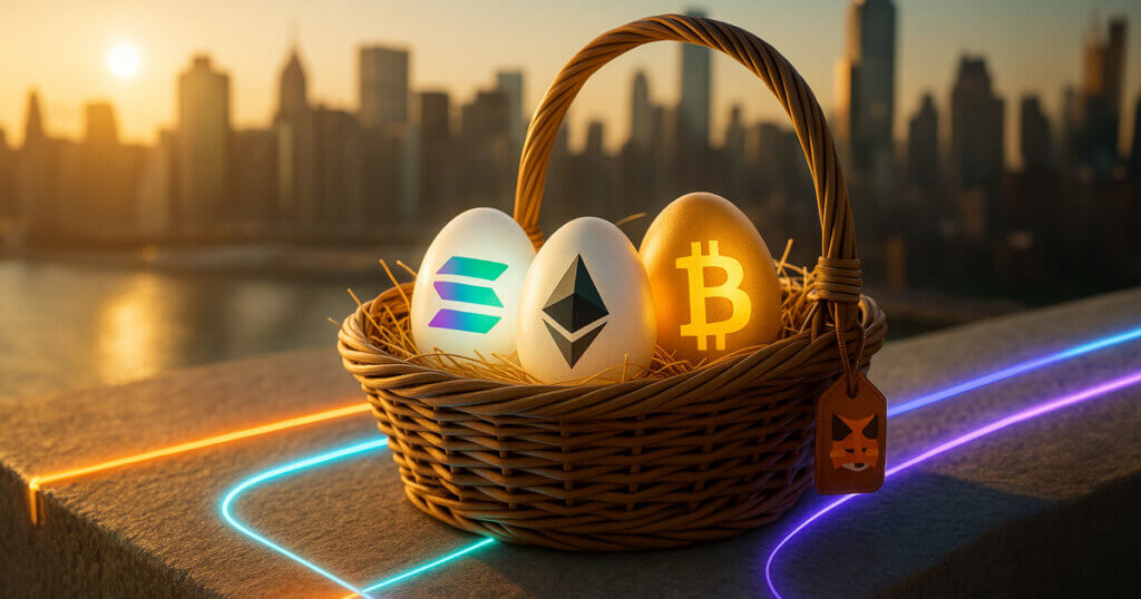 A golden-hour rooftop close-up shows a wicker basket tagged with the MetaMask fox holding three luminous crypto eggs—Solana’s teal-to-purple gradient, Ethereum’s black crystal emblem, and a glowing Bitcoin—while amber, cyan, and violet light rails sweep toward the basket.