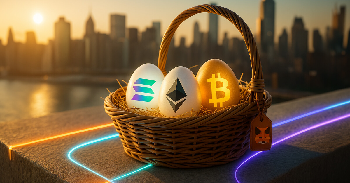 A golden-hour rooftop close-up shows a wicker basket tagged with the MetaMask fox holding three luminous crypto eggs—Solana’s teal-to-purple gradient, Ethereum’s black crystal emblem, and a glowing Bitcoin—while amber, cyan, and violet light rails sweep toward the basket.