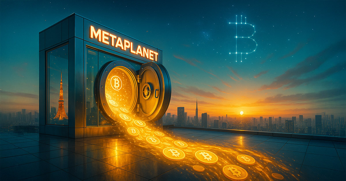A photorealistic, cinematic 16:9 image of a glowing glass-and-steel rooftop vault in Tokyo emblazoned with the Metaplanet logo, spilling a bright river of Bitcoin coins toward a vivid teal-and-gold sunrise with Tokyo Tower and a constellation-shaped BTC symbol on the horizon.