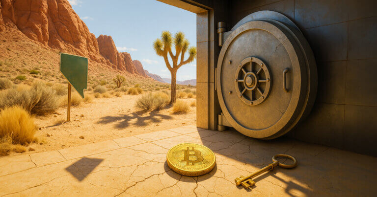 an ajar vault door opening from a cool server room into a bright Nevada desert with red rock cliffs, a Joshua tree, a Nevada-shaped sign, a gleaming Bitcoin coin on cracked stone, and an antique brass key casting a sharp shadow in the sun.
