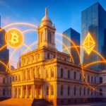 New York City Hall glowing in golden light as bright crypto network arcs and Bitcoin/Ethereum symbols link the neoclassical building to glass bank towers under a vivid teal-blue sky.