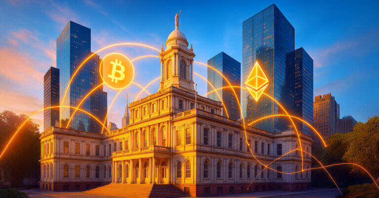 New York City Hall glowing in golden light as bright crypto network arcs and Bitcoin/Ethereum symbols link the neoclassical building to glass bank towers under a vivid teal-blue sky.