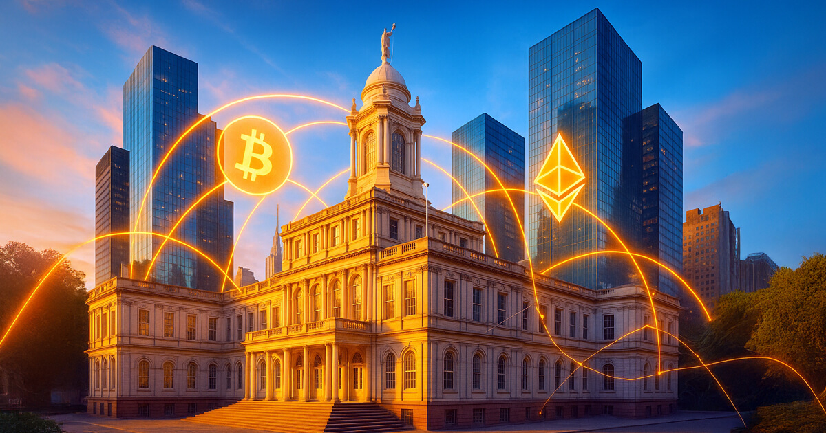 New York City Hall glowing in golden light as bright crypto network arcs and Bitcoin/Ethereum symbols link the neoclassical building to glass bank towers under a vivid teal-blue sky.