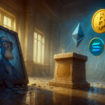 A hyper-real, cinematic low-angle view shows a sunlit neoclassical hall with a cracked Bored Ape portrait leaning amid debris beside a blank-plaque stone pedestal as luminous BTC/ETH logos and teal-red candlesticks glow through cool mist.