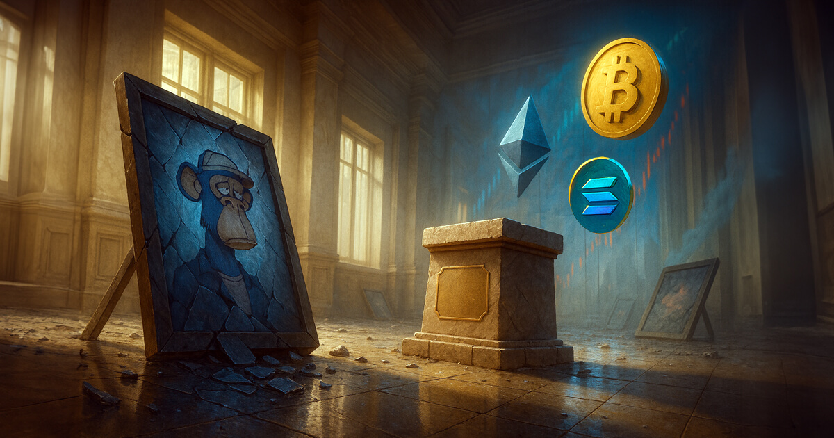 A hyper-real, cinematic low-angle view shows a sunlit neoclassical hall with a cracked Bored Ape portrait leaning amid debris beside a blank-plaque stone pedestal as luminous BTC/ETH logos and teal-red candlesticks glow through cool mist.
