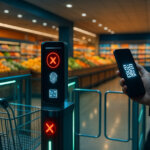 A brightly lit supermarket entrance shows glass turnstiles and a glowing biometric scanner blocking a shopping cart while a cropped hand raises a phone with a QR code, with abundant food visible just beyond.