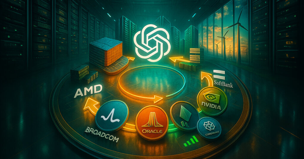 OpenAI logo glowing at the center of a circular loop linking AMD and Broadcom chip stacks, Oracle and SoftBank data center towers, and Nvidia and CoreWeave logos, all connected by bright arrows with wind turbines visible through sunlit glass walls.