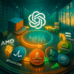 OpenAI logo glowing at the center of a circular loop linking AMD and Broadcom chip stacks, Oracle and SoftBank data center towers, and Nvidia and CoreWeave logos, all connected by bright arrows with wind turbines visible through sunlit glass walls.