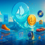 A bright, hyperrealistic ocean-front trading plaza features a towering glass OpenSea sailboat logo and a gleaming coin rising from turquoise waves, surrounded by floating pedestals of diverse assets—art, sneakers, tickets, music, watches, a car, a house key, a game controller, and a connected globe—evoking OpenSea’s “trade everything” vision and an upcoming 2026 token launch.