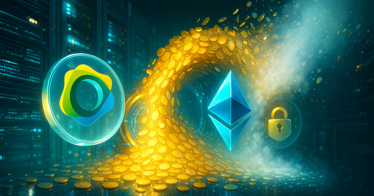 a surge of shimmering gold tokens erupting and dissolving between a translucent Paxos logo, a metallic blue PYUSD coin, and a crystalline Ethereum symbol inside a brightly lit teal-and-amber data center.