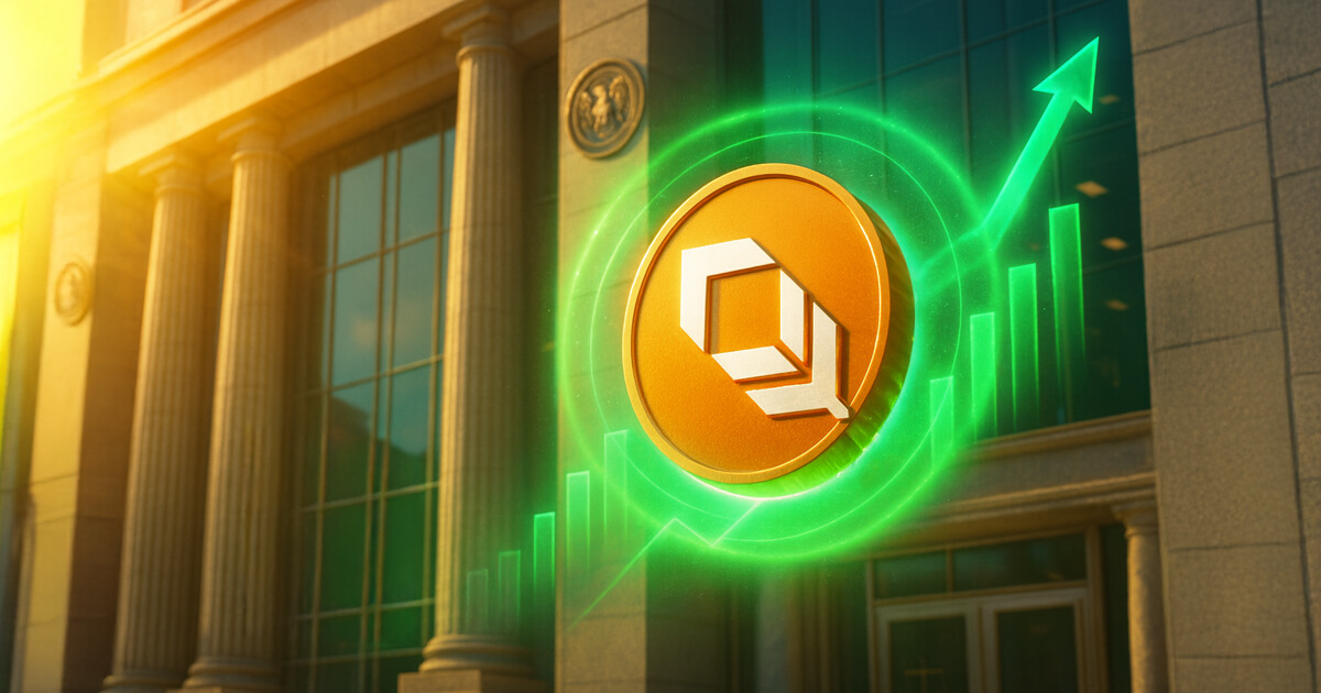 A sunlit federal building façade frames a glowing orange Plume-logo token encircled by emerald growth charts and a seal icon, evoking SEC approval and a 30% surge.