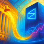 A bright glass atrium frames neoclassical exchange columns as a golden stream from an opening bell arcs into a towering Polymarket monolith glowing with its logo, surrounded by rising neon probability curves.