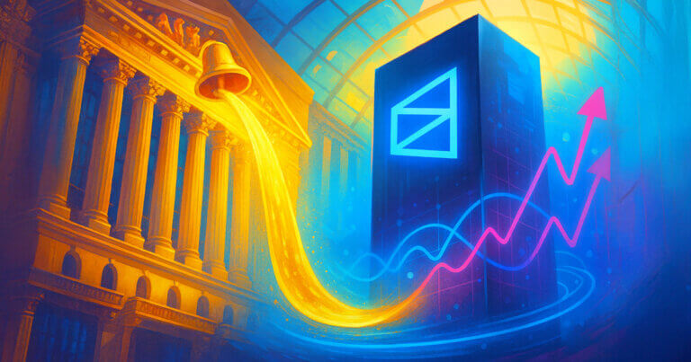 A bright glass atrium frames neoclassical exchange columns as a golden stream from an opening bell arcs into a towering Polymarket monolith glowing with its logo, surrounded by rising neon probability curves.