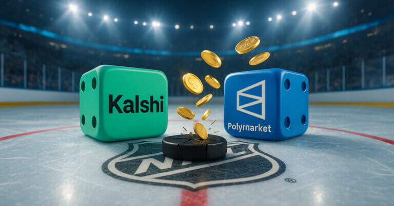 Two large dice—one Kalshi green and one Polymarket blue—sit on NHL center ice beside a cracked puck as golden coins rise under bright arena lights.
