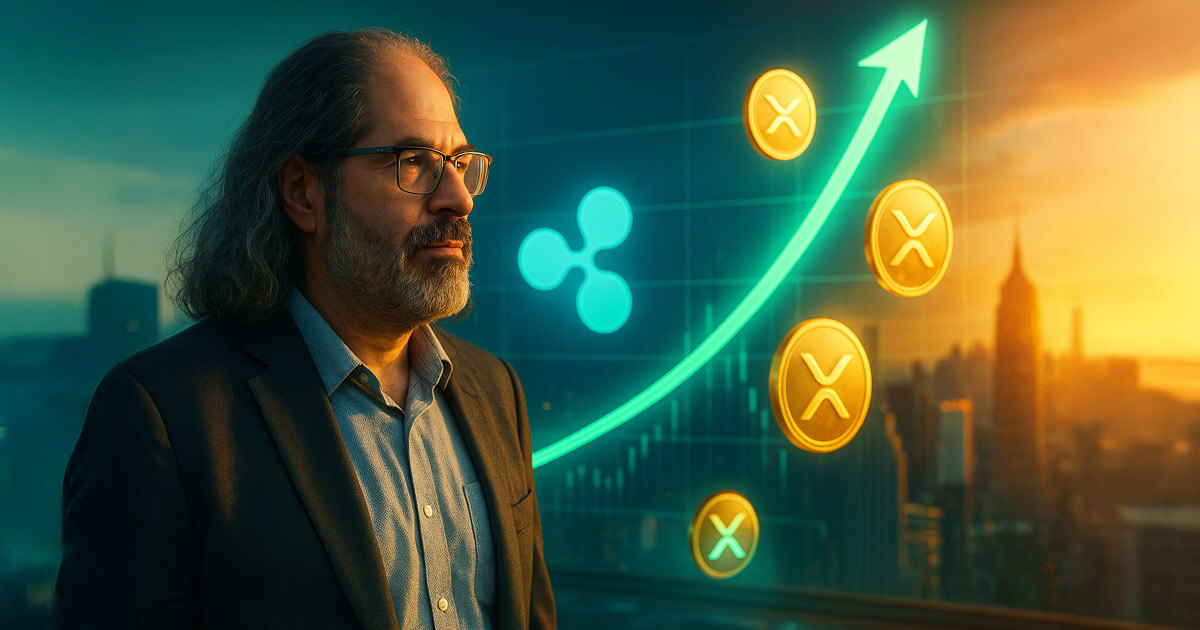 Photorealistic three-quarter portrait of David Schwartz beside a glowing teal Ripple symbol and rising XRP coins against a warm city sunset, conveying resilient bullish momentum.