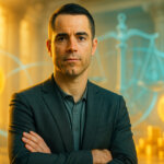 portrait of Roger Ver in golden-teal lighting before a bright courthouse atrium with subtle Bitcoin symbols and scales of justice accents.