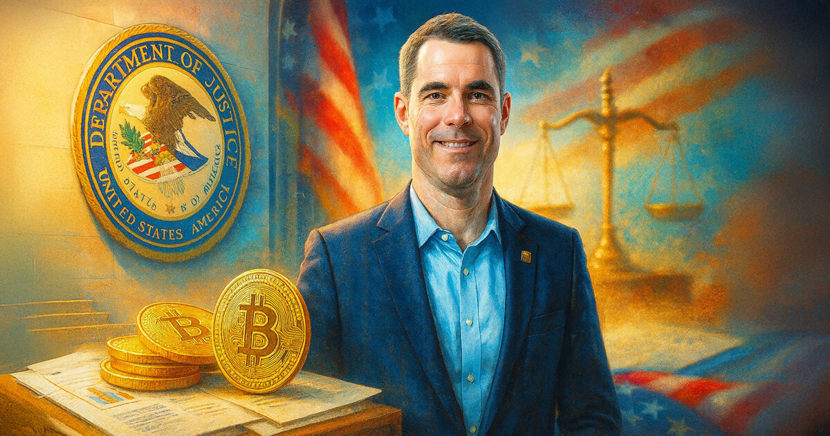 Roger Ver stands in bright, cinematic light before a blurred DOJ seal, golden Bitcoin coins, and balanced scales, evoking a high-stakes settlement atmosphere.