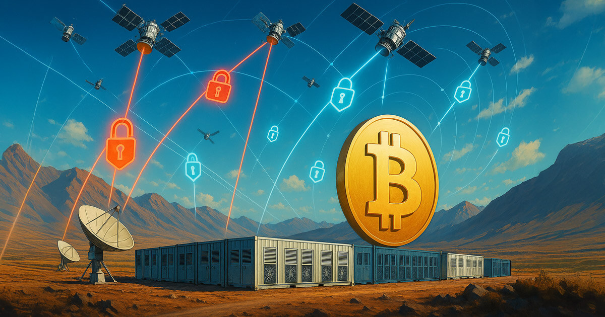 a remote Bitcoin mining farm with satellite dishes under a blue sky as satellites beam mixed red “unlocked” and blue “locked” data streams toward a large BTC emblem, symbolizing how unencrypted traffic could expose miners.