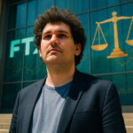 Sam Bankman-Fried standing before a courthouse with reflective glass showing the FTX logo and golden scales of justice under vivid midday lighting.