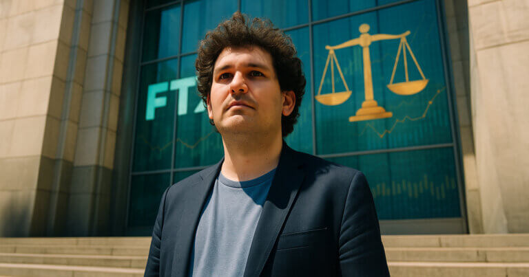 Sam Bankman-Fried standing before a courthouse with reflective glass showing the FTX logo and golden scales of justice under vivid midday lighting.