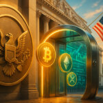 a bronze SEC-style eagle seal (no text) beside the NYSE façade and U.S. flag as glowing Bitcoin, Ethereum, Solana, and XRP coins flow through a luminous gateway into the exchange, symbolizing streamlined crypto ETP listings.