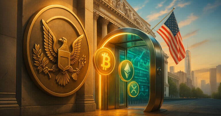 a bronze SEC-style eagle seal (no text) beside the NYSE façade and U.S. flag as glowing Bitcoin, Ethereum, Solana, and XRP coins flow through a luminous gateway into the exchange, symbolizing streamlined crypto ETP listings.