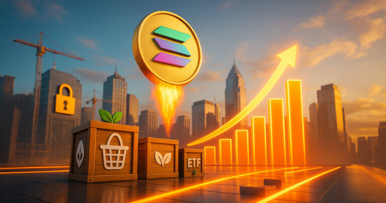 a luminous Solana coin rocketing upward beside glowing bar charts as wooden fund crates with staking and basket icons sit foreground, evoking ETF-fueled momentum toward higher price targets.
