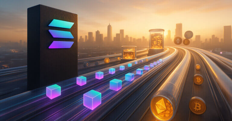 a Solana monolith anchoring crystalline data highways flooded with teal-and-magenta transaction cubes racing across a river while thinner Bitcoin and Ethereum lanes trail below toward glass liquidity silos.