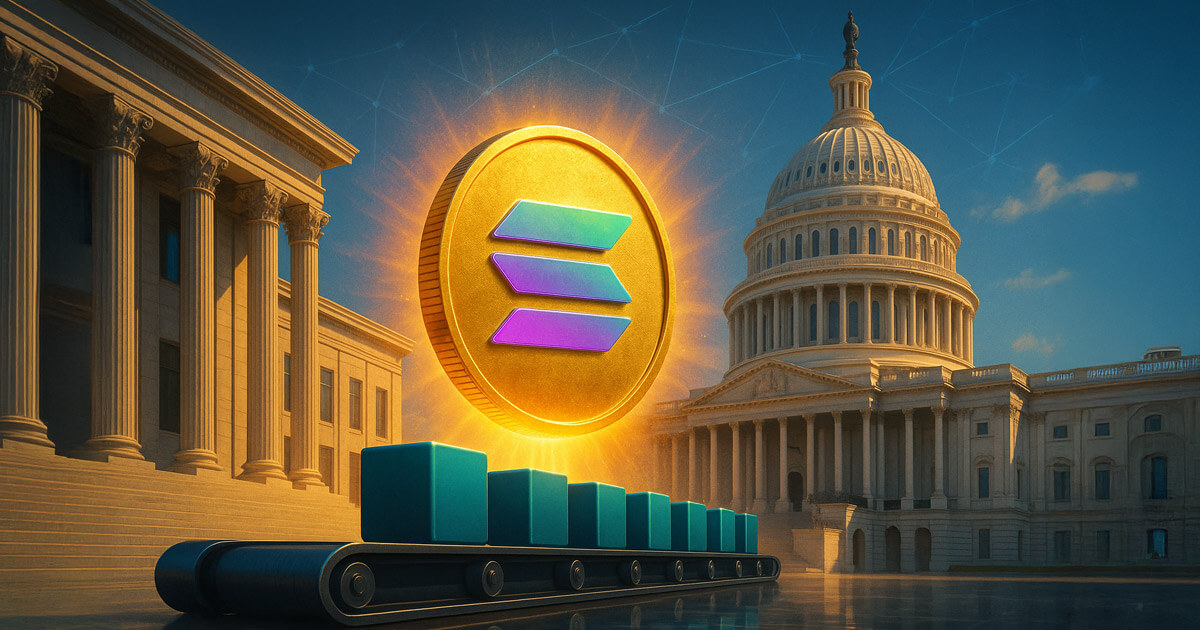 A bright 16:9 scene centers a glowing Solana coin between a neoclassical courthouse and the U.S. Capitol with teal ETF-like cubes on a conveyor under a networked sky, with all arrows and the calendar removed.