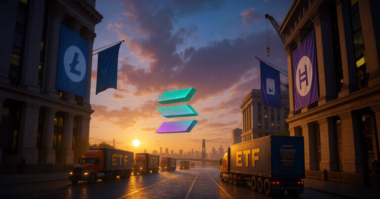street-level sunrise shot shows ETF convoy trucks rolling between neoclassical exchange buildings draped with Solana, Litecoin, and Hedera banners while a fleet of drones forms a glowing Solana logo overhead against vivid teal–amber–magenta skies.