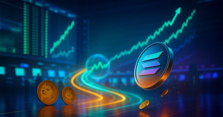 A bright, cinematic trading floor shows glowing data screens and flowing token streams surging into a central prediction market sphere while a glossy Solana coin slips downward beside dimming Dogecoin and BONK icons.