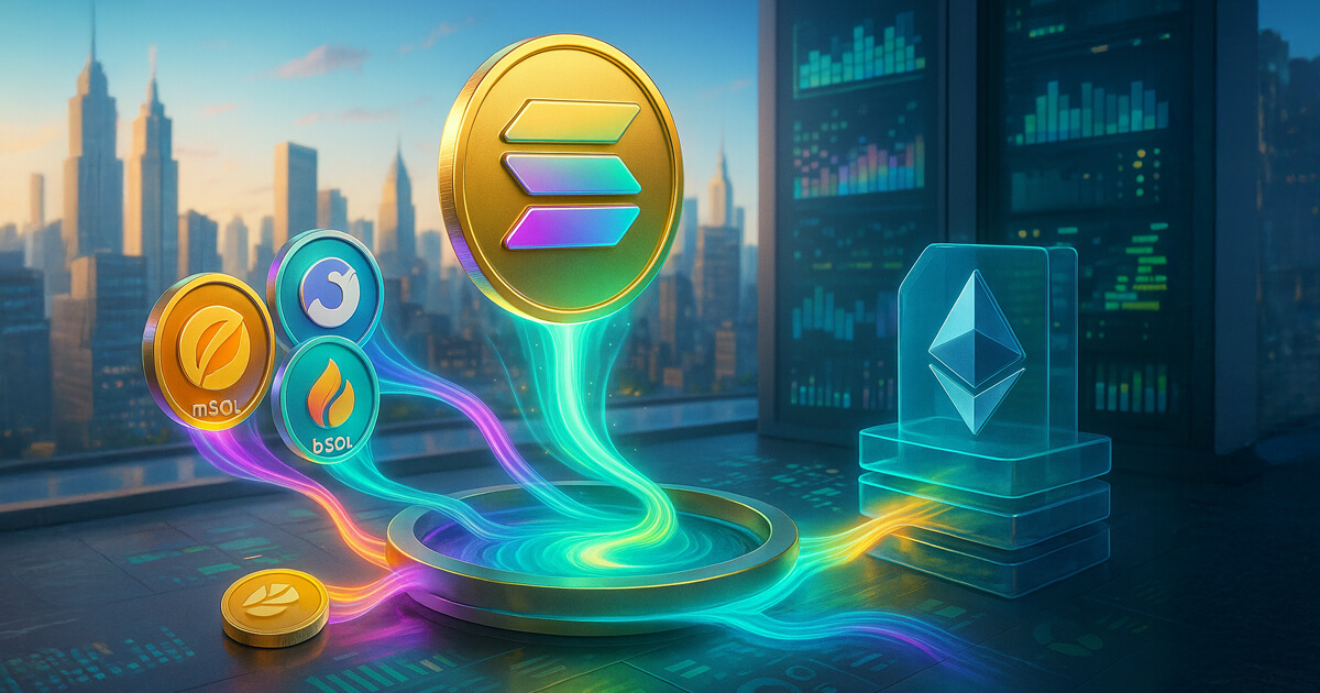 luminous Solana LST coins (mSOL, jitoSOL, bSOL) flowing as neon streams into a central SOL router ring, with a cityscape and data panels behind and a stylized Ethereum stack to the side hinting at liquidity shifting from L2s.