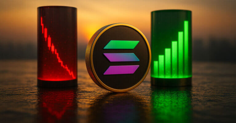 A golden-hour close-up centers a Solana coin with the signature teal-to-purple gradient logo between two glass cylinders—left glowing red with a downward candlestick, right glowing green with rising bars—on reflective stone.
