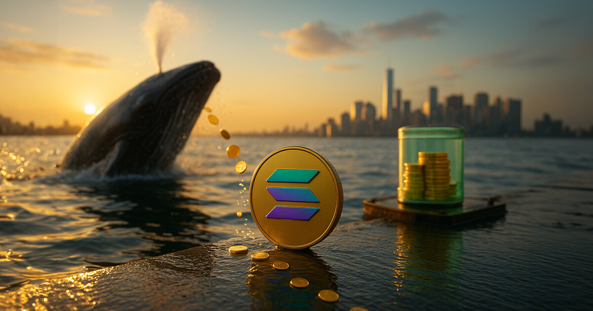 A golden-hour harbor scene shows a breaching whale splashing beside a wet pier where a luminous Solana coin stands as golden coins arc toward a softly glowing green fund cylinder floating nearby.