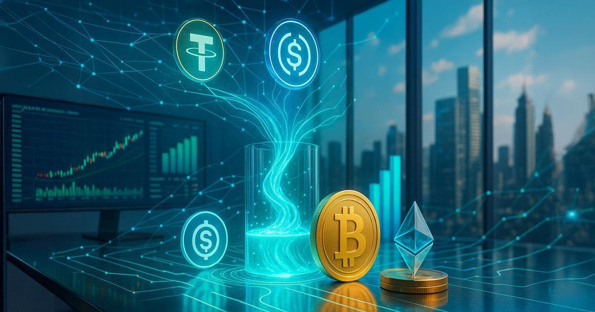 Photorealistic office skyline scene where luminous USDT, USDC, and DAI medallions pour glowing liquidity into a central pool that feeds gleaming BTC and ETH symbols amid rising market screens.