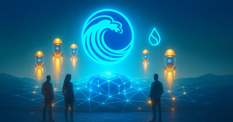 a glowing blue wave emblem hovering over a luminous Sui network grid as golden AI pods launch upward, with the Sui droplet mark beside the wave and silhouetted retail investors watching the surge of activity.