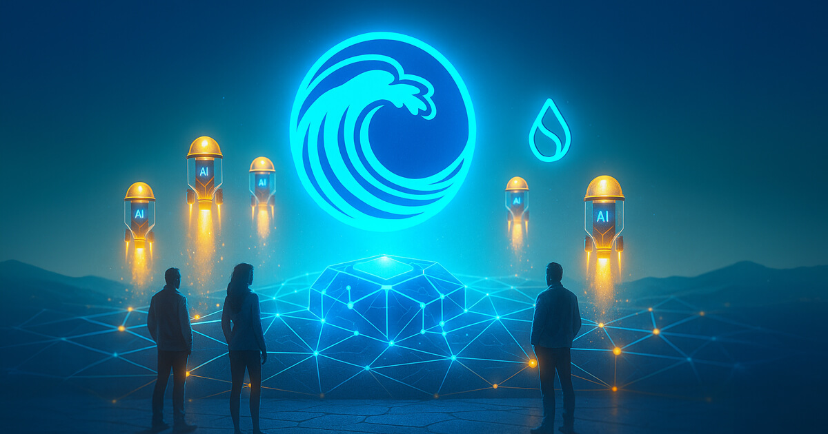 a glowing blue wave emblem hovering over a luminous Sui network grid as golden AI pods launch upward, with the Sui droplet mark beside the wave and silhouetted retail investors watching the surge of activity.