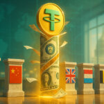 A bright cinematic scene shows a towering Tether coin formed from U.S. Treasury bonds rising at the center as five marble pedestals with the flags of Japan, China, the U.K., Luxembourg, and Belgium are subtly edged aside inside a sunlit trading floor.