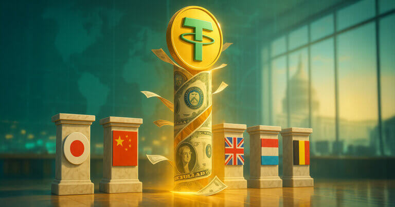 A bright cinematic scene shows a towering Tether coin formed from U.S. Treasury bonds rising at the center as five marble pedestals with the flags of Japan, China, the U.K., Luxembourg, and Belgium are subtly edged aside inside a sunlit trading floor.