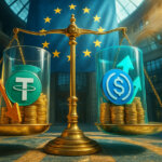 a golden balance scale in an EU atrium where a glass canister with the green Tether logo sinks with a downward arrow while a blue USDC canister rises with upward arrows, all rendered in vivid teal, gold, and azure with crisp, photorealistic metal and glass textures.